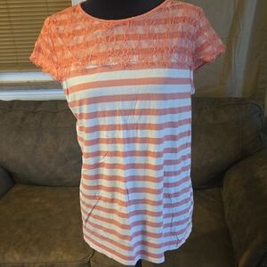 Elle Pink and White Striped Top with Lace Size L